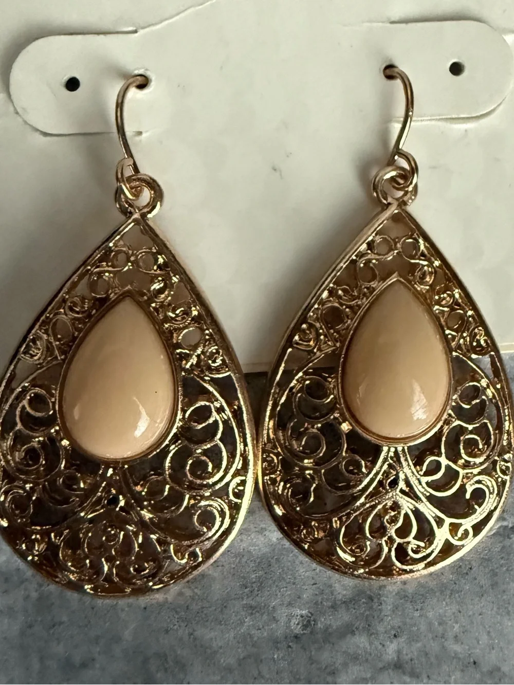 Dress Barn Gold Teardrop Filigree Earrings with Beige Stones